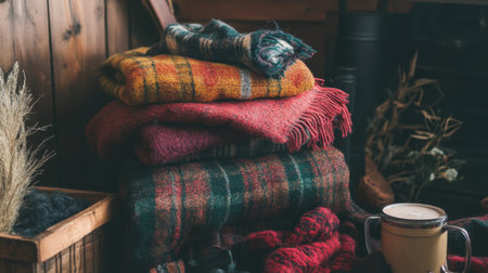 A vibrant collection of cozy blankets stacked warmly, evoking a sense of comfort and home, accentuated by rustic decor and soft natural light, perfect for autumn ambiance.の素材