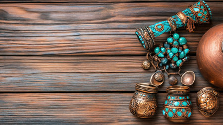 Discover the beauty of vintage jewelry and decorative items featuring turquoise accents on a rustic wooden surface, perfect for artistic and elegant design themes.の素材