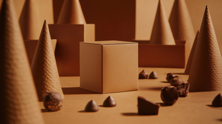 A captivating minimalist scene featuring a central brown cube in a paper landscape, surrounded by various cone structures and chocolate treats, showcasing geometric simplicity.の素材