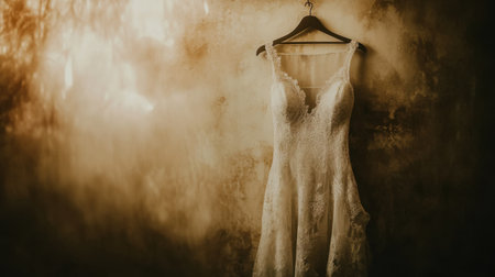 A beautifully crafted wedding dress hangs gracefully against a softly lit, textured background, ideal for capturing the essence of romance and bridal elegance during wedding preparations.の素材