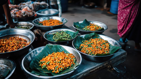 A bustling market scene showcasing colorful snacks displayed on leafy platters in shiny bowls, reflecting the vibrant atmosphere and rich culinary diversity of local street food culture.の素材