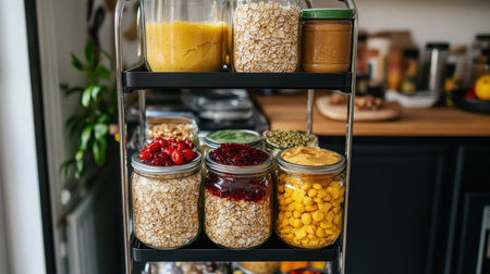 This image showcases a modern storage rack in a kitchen filled with glass jars of various dry ingredients, promoting an organized and healthy cooking environment ideal for meal prep.の素材