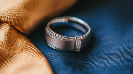 A captivating silver wedding ring gracefully set on an exquisite fabric background, reflecting elegance and romance perfect for capturing precious moments on special occasions.の素材