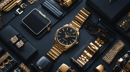 Discover a captivating flat lay of a stylish gold watch among luxurious black and gold accessories, showcasing elegance and sophistication in design and style.の素材