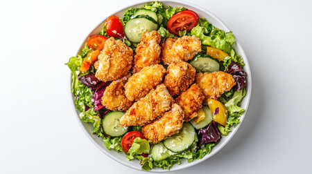 Indulge in a vibrant dish featuring crispy fried chicken atop crisp lettuce, fresh cucumber, and ripe tomatoes, showcasing a delightful meal perfect for any occasion.の素材
