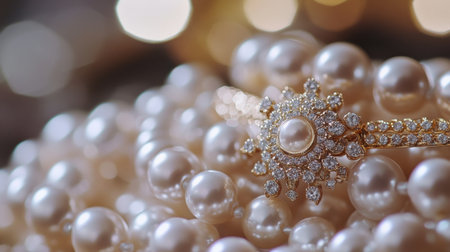 A stunning close-up of elegant jewelry featuring a pearl necklace and a diamond encrusted brooch, set against a softly blurred background for a luxurious feel.の素材