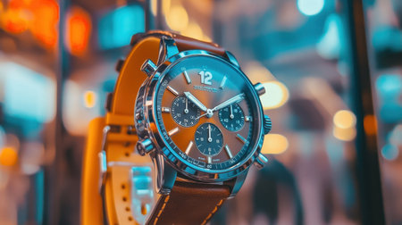Close-up view of a stylish chronograph watch with a leather strap and vibrant colors, perfect for showcasing sophistication and detail in modern photography.の素材
