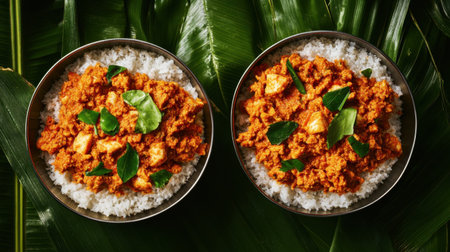 Enjoy a vibrant bowl of aromatic coconut curry served over fluffy rice, garnished with fresh herbs, creating a colorful and appetizing meal perfect for any occasion.の素材