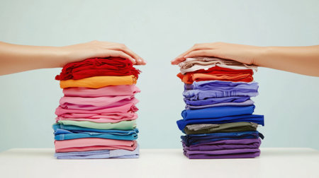 Two hands gently place colorful stacked towels in a bright environment, emphasizing organization, care, and aesthetic appeal in household management and styling.の素材