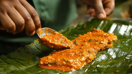 A captivating scene featuring the art of preparing traditional stew served on a banana leaf, showcasing vibrant colors and rich textures, embodying cultural culinary practices.の素材