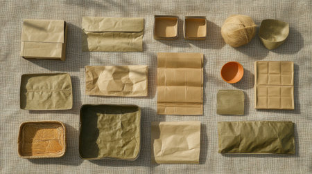 An artistic overhead view of various textured paper and cardboard packaging items arranged thoughtfully, emphasizing sustainability and aesthetic simplicity in design.の素材