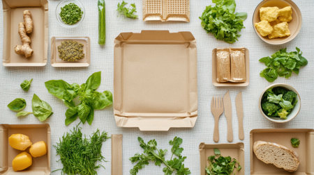 A visually appealing arrangement of fresh vegetables and herbs accompanied by empty takeout containers, showcasing preparation for a healthy, vibrant meal option.の素材