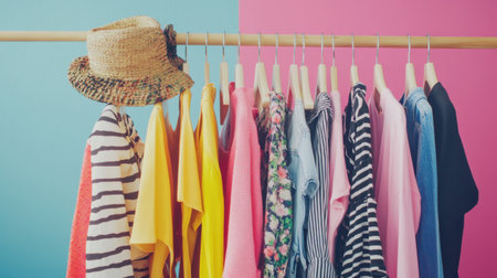 A vibrant display of trendy clothing and accessories on hangers creates a cheerful summer atmosphere, perfect for fashion lovers seeking inspiration and stylish looks.の素材