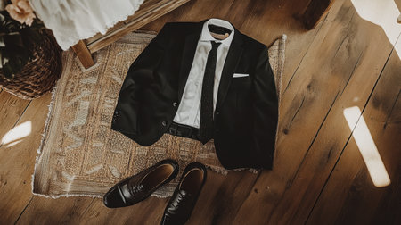 A stylish black suit and leather shoes are elegantly arranged on a wooden floor, creating a chic atmosphere for special events or everyday sophistication. Perfect for formal occasions.の素材