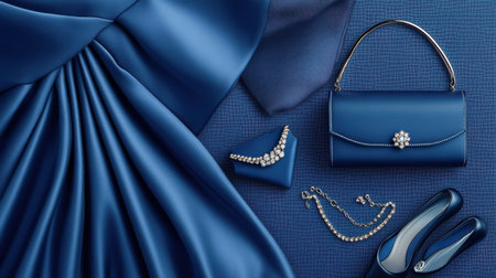Stunning arrangement of a blue satin dress, matching accessories, and elegant footwear on a textured background, ideal for fashion shoots and style inspiration.の素材