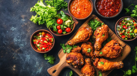 Savor a delicious rustic platter showcasing crispy fried chicken legs, complemented by fresh salads and vibrant dipping sauces, perfect for gatherings or meals.の素材