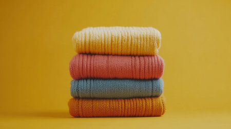 A vibrant stack of knit sweaters in pastel shades of yellow, pink, blue, and orange. Perfect for evoking feelings of warmth and comfort in fashion or home decor projects.の素材
