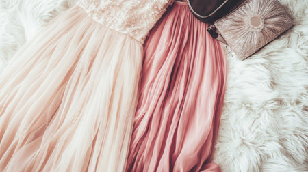 Trendy arrangement featuring a blush pink dress and a cream dress alongside a chic clutch on a soft white fur backdrop, perfect for fashion inspiration and elegant styling.の素材