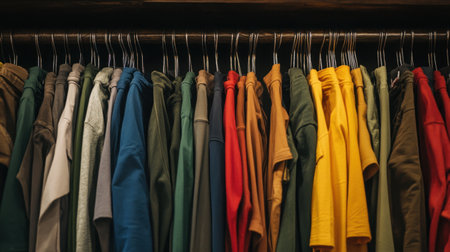 Vibrant collection of casual t-shirts arranged neatly on hangers, showcasing a variety of colors and styles, ideal for fashion inspiration and retail display ideas.の素材