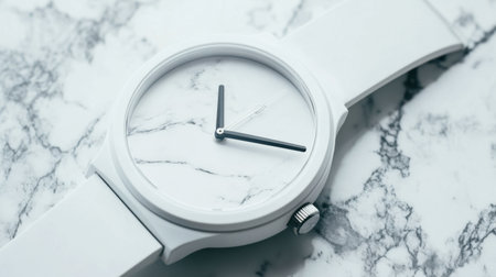 A stunning white watch featuring a marble dial, resting elegantly on a marble surface. Perfect for conveying minimalism and modernity in fashion-themed visuals.の素材