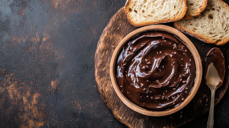 A tempting bowl of creamy chocolate spread paired with fresh slices of bread, ideal for a delightful breakfast or a sweet dessert treat on a rustic surface.の素材