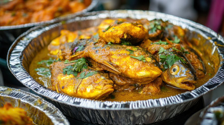 A vibrant and spicy fish curry served in a silver foil tray, garnished with fresh coriander, captures the essence of delightful culinary experiences at local markets.の素材