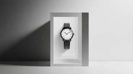 A stylish minimalist watch is showcased on a modern pedestal against a sleek monochrome backdrop, highlighting its elegant design and timeless appeal for fashion enthusiasts.の素材