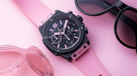A chic pink chronograph watch with a black dial and strap, paired with trendy sunglasses against a soft pink background, perfect for fashion lovers and stylish accessories.の素材