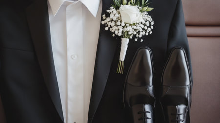 Captivating close-up of elegant wedding attire showcasing a black suit, polished shoes, and a delicate white floral boutonniere, perfect for capturing special moments.の素材