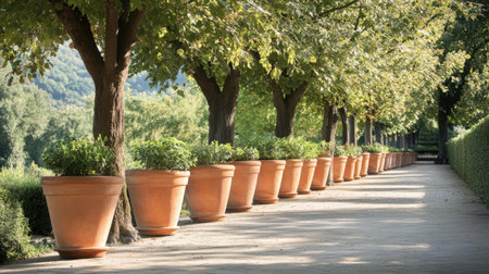 A serene garden pathway bordered by large terracotta pots overflowing with green foliage, creating a tranquil atmosphere perfect for leisurely strolls in nature.の素材