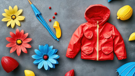 A vibrant red rain jacket is artistically arranged with colorful flowers and playful accessories on a textured gray surface, creating a cheerful and imaginative seasonal vibe.の素材