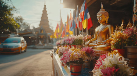 A tranquil view of a golden Buddha statue adorned with vibrant flowers and flags, capturing the serene ambiance of a Buddhist temple during sunset.の素材