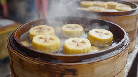 A vibrant scene featuring perfectly sliced bananas steaming inside a bamboo steamer, capturing the essence of traditional cooking methods and fresh ingredients in a lively market atmosphere.の素材