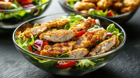 Enjoy a delicious serving of crispy fried chicken strips atop a vibrant salad of fresh greens, colorful bell peppers, and onions in a clear bowl, perfect for any meal.の素材