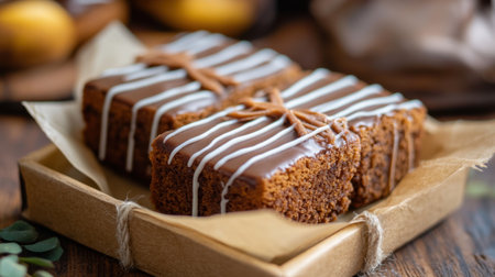 Delight in the rich flavors of a moist chocolate cake layered with elegant icing, perfect for celebrations or everyday treats with a charming rustic presentation.の素材