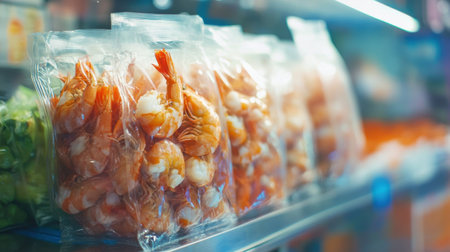 Packaged fresh shrimp in clear plastic bags showcased in a vibrant supermarket setting, highlighting the freshness and quality suitable for various culinary uses.の素材