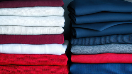 A vibrant arrangement of colorful fabrics stacked neatly, showcasing various textures and colors. Ideal for fashion projects, design inspiration, and textile visual appeal.の素材