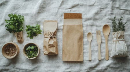 Discover an elegant display of fresh herbs and rustic kitchenware on a textured fabric surface, ideal for culinary themes and food-related projects. Perfect visual for enhancing kitchen aesthetics.の素材