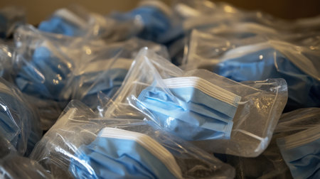 Packaged surgical masks are lined up, emphasizing the importance of hygiene and protection in healthcare environments during health crises and disease outbreaks.の素材
