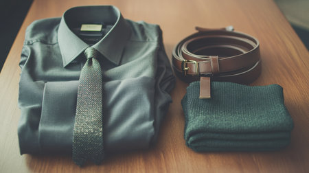 A polished men's fashion ensemble showcasing a dress shirt, stylish tie, leather belt, and knit accessories, perfect for creating a sophisticated urban look.の素材
