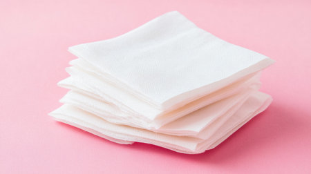 This image features a neat stack of white napkins resting on a soft pink background, ideal for adding a stylish touch to dining or event decor.の素材