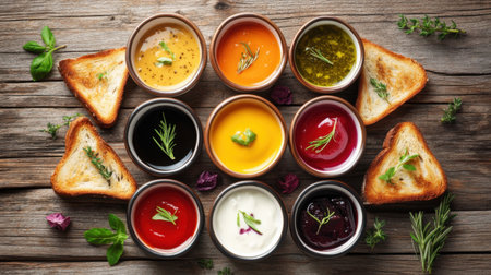 A vibrant display of dips and spreads paired with crunchy toasted bread creates an inviting culinary scene perfect for food lovers and chefs alike.の素材