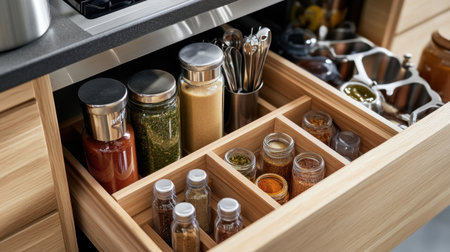 An inviting kitchen drawer showcases a carefully arranged collection of jars, spices, and utensils, emphasizing organization and efficient kitchen storage solutions for culinary enthusiasts.の素材