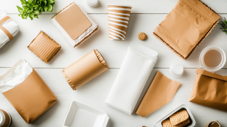 A stylish arrangement of eco-friendly disposable packaging materials, showcasing various sizes and types of containers perfect for food service and takeaway options.の素材