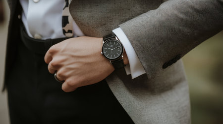 Close-up of a man's hand showcasing a stylish watch on a wrist, elegantly dressed in formal attire, emphasizing contemporary fashion and sophistication in a professional setting.の素材