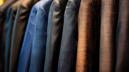 Discover an elegant collection of tailored suits hanging in a row, showcasing various patterns and textures ideal for business and fashion inspiration.の素材