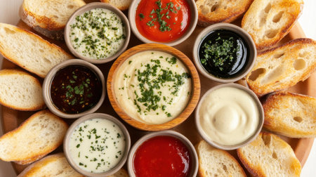A vibrant assortment of dips and sauces served with crispy bread slices, perfect for sharing during gatherings or parties, offering a mix of flavors and textures.の素材
