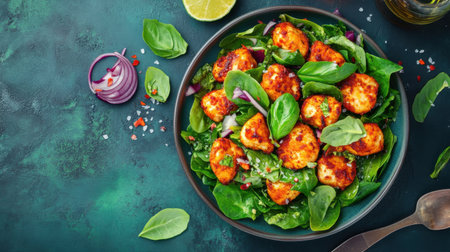 A colorful salad featuring grilled cottage cheese balls served on a bed of fresh spinach and topped with vibrant herbs, lime, and olive oil for a fresh and healthy meal.の素材