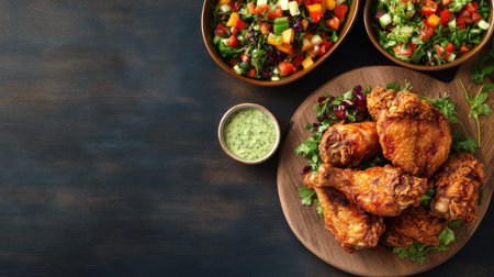 A tempting arrangement of crispy fried chicken thighs alongside vibrant salads and a refreshing green sauce, perfect for any meal and culinary occasion.の素材