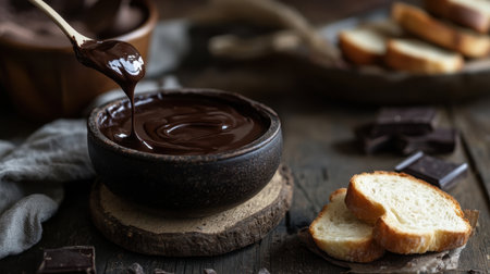 A close-up shot of rich dark chocolate sauce in a rustic bowl, drizzled from a wooden spoon, ideal for showcasing indulgent desserts and culinary features.の素材